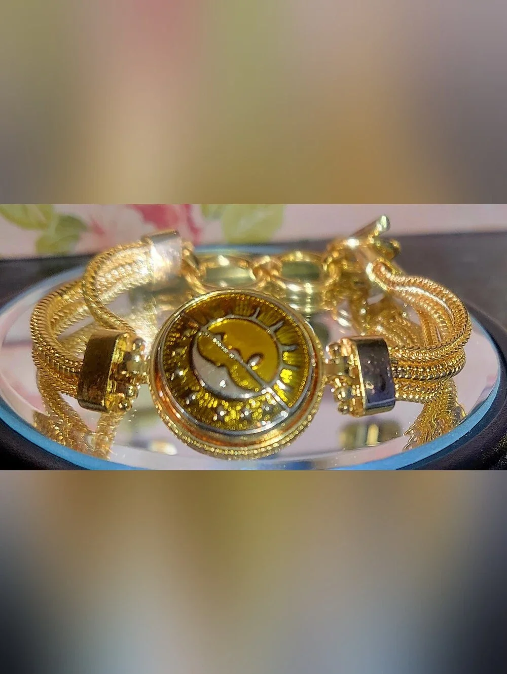 NUGZ USA Gold Tone Multi-Strand Mesh Snap Charm Bracelet Celestial Sun Moon